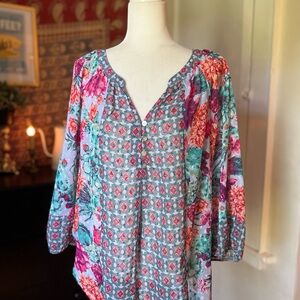 Fig and Flower Blue Pink Relaxed Blouse